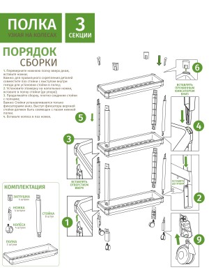 Этажерка узкая на колесах (3 секции)